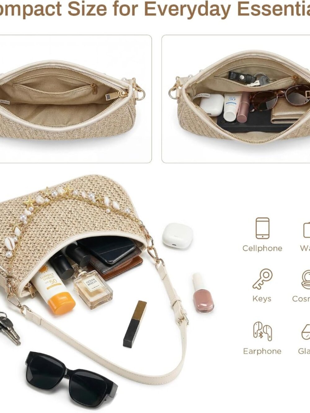 Straw Shoulder Bag for Women, Boho Woven Raffia Hobo Purse with Charm Chain, Adj - Picture 5 of 6